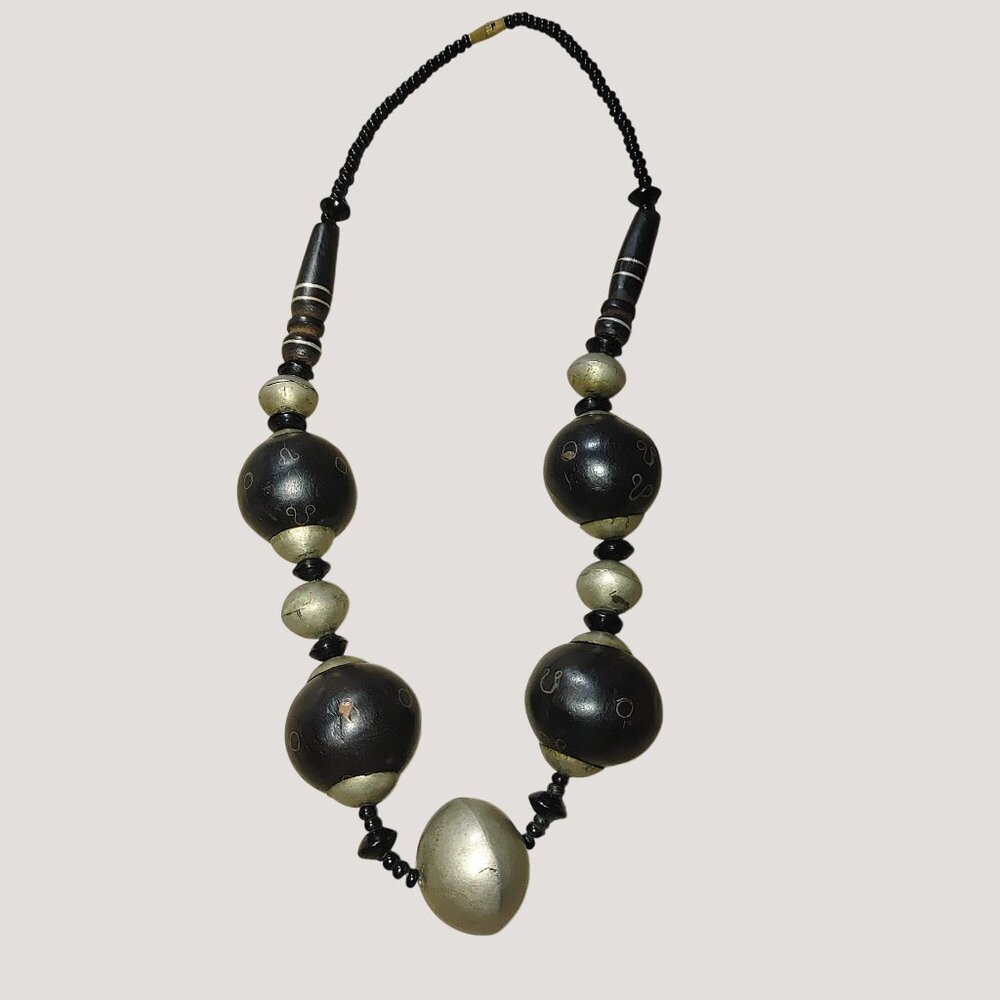 Antique Statement Necklace Tuareg Berber Tribal Ebony Wood Silver Inlay Beaded